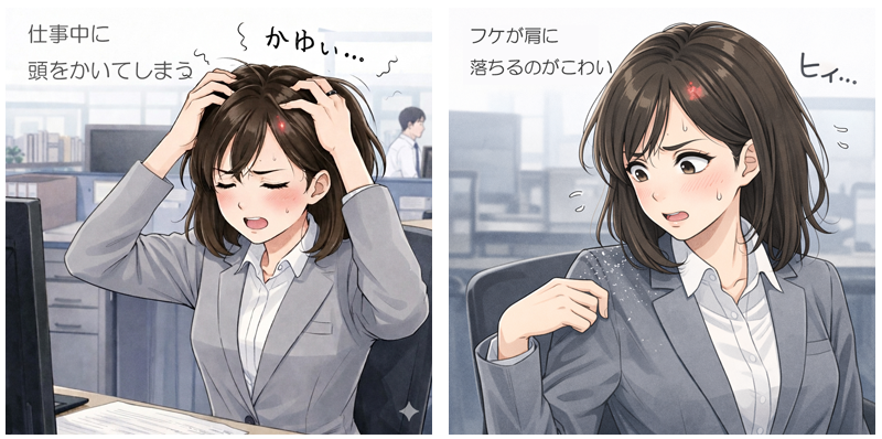 頭がかゆくて仕事に集中できない、ふけが方に落ちるのがこわい