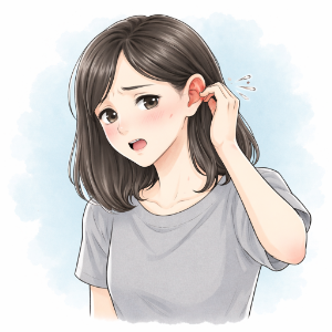 耳の後ろのかゆみに悩むイラスト