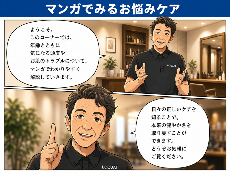 敏感肌の専門家が、このコーナーは、お悩みケアの方法をマンガでわかりやすく解説しいることをアナウンスしているイラスト