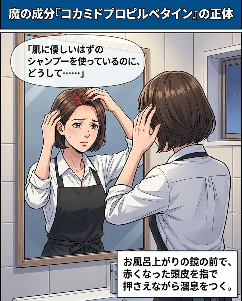 鏡の前で頭皮をみながら頭皮のかゆみに悩む女性の場面１