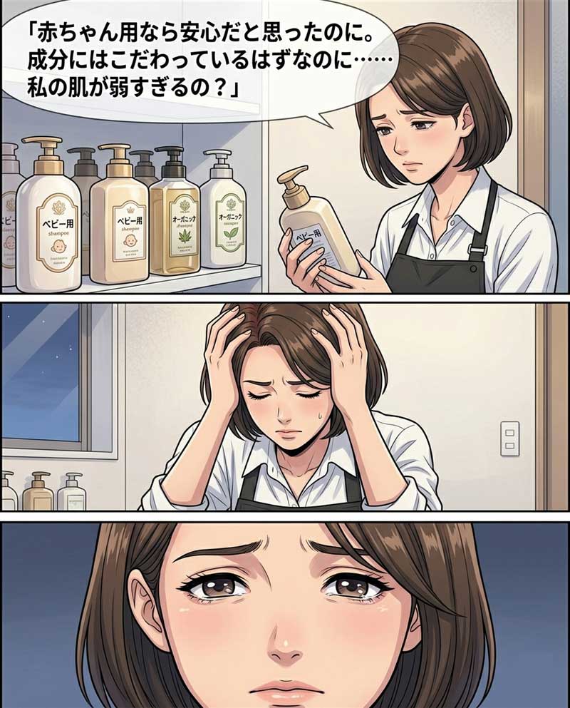 頭皮のかゆみ対策用にベビー用シャンプーを買ったのにかゆみが止まらないことに疑問を持つ女性の場面２