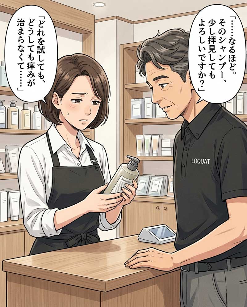 シャンプーの成分を見せて、敏感肌の専門家に相談する女性の場面３