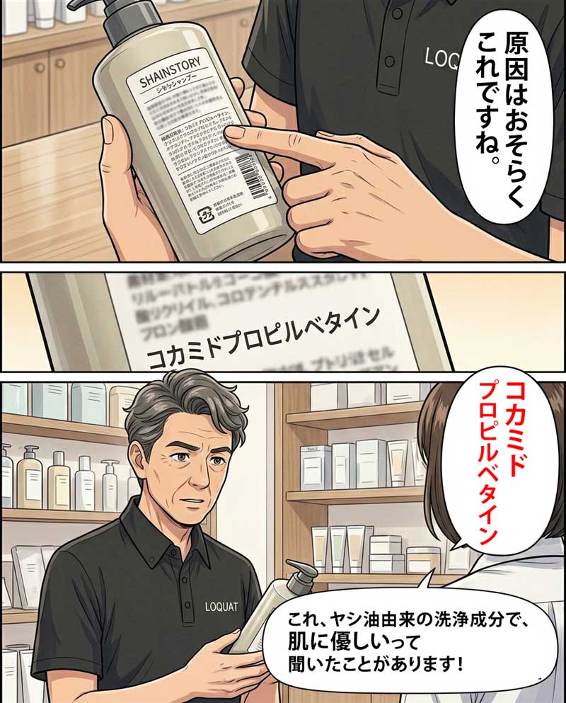 かゆみの原因が、シャンプーの成分「コカミドプロピルベタイン」であると推測する敏感肌の専門家の場面４