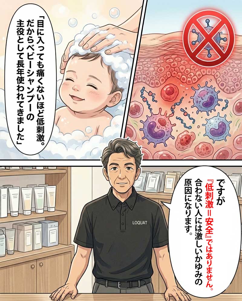 敏感肌の専門家が、低刺激＝安全ではないことを説明する場面６