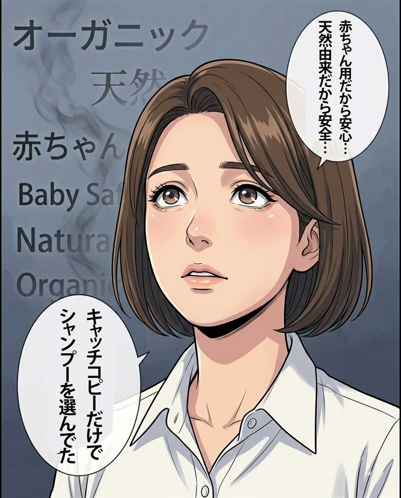 シャンプーの表書きのキャッチコピーだけで選んでいたことに気付き、はっとする女性の場面７