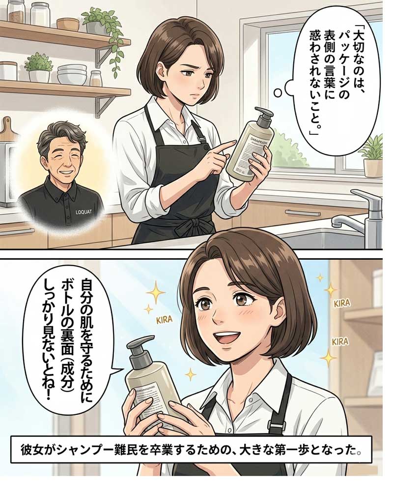 自分の肌を守るためには、シャンプーの裏書の全成分を確認してから購入しようと決意する女性の場面８