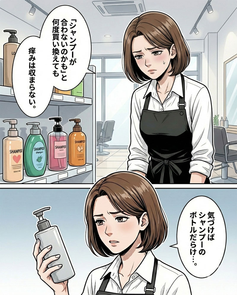 シャンプーを替えても頭皮のかゆみが治らず悩む女性の場面３