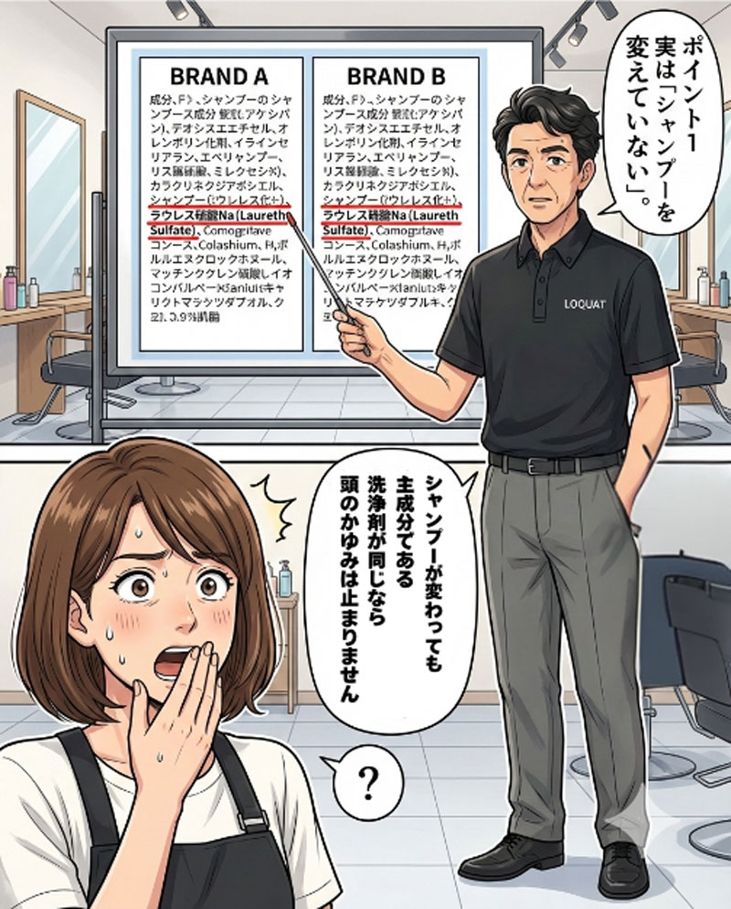 敏感肌の専門家が、シャンプーを替えても頭皮のかゆみが止まらない理由1つ目を説明する場面５