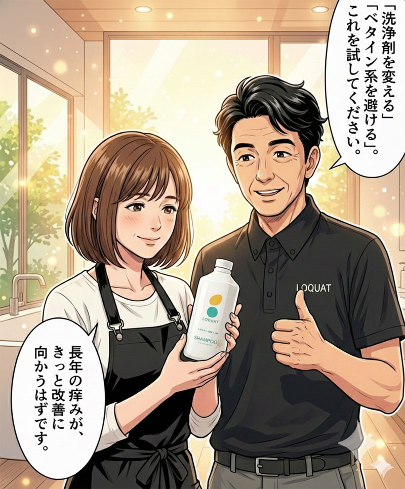 頭皮にかゆみがある人は、「コカミドプロピルベタイン」が入っていないシャンプーを選んでみることが改善のポイントとなることを説明する場面８