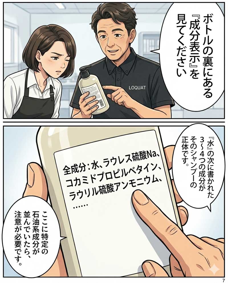 シャンプーの成分「コカミドプロピルベタイン」が皮膚学会でアレルギーの疑いがあることを検証されていることを説明する場面７
