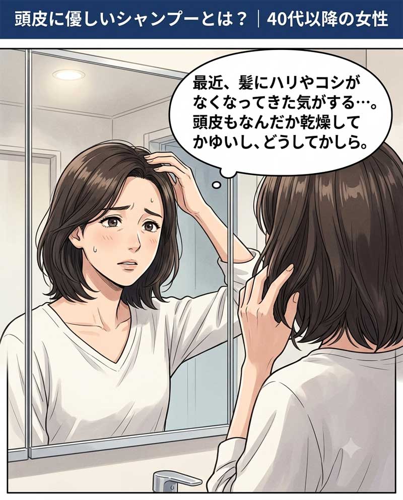 髪にハリやコシがなくなり、頭皮がかゆくて悩む女性の場面１