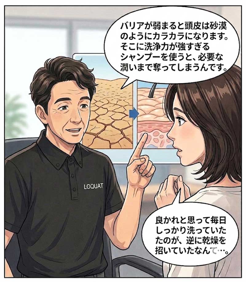 洗浄力の強いシャンプーを使うと頭皮の乾燥が進むことを説明している場面３