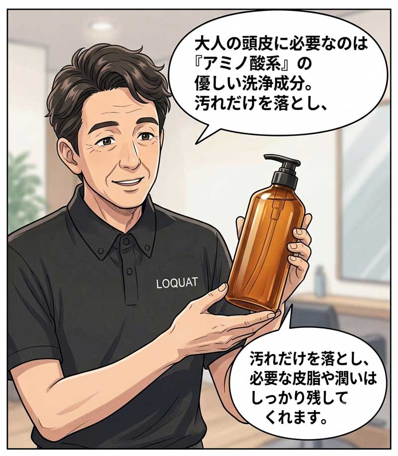 40代を過ぎた女性にはアミノ酸系の洗浄成分がおすすめと説明する場面４