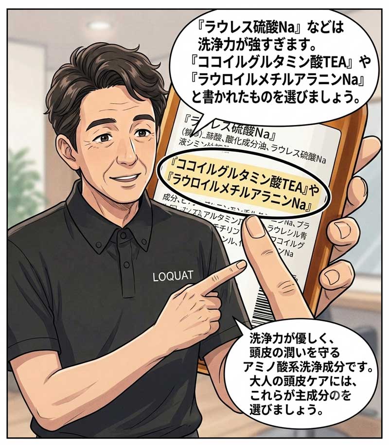敏感肌の専門家が、『ココイルグルタミン酸TEA』や『ラウロイルメチルアラニンNa』などの洗浄成分が良いと解説している場面５