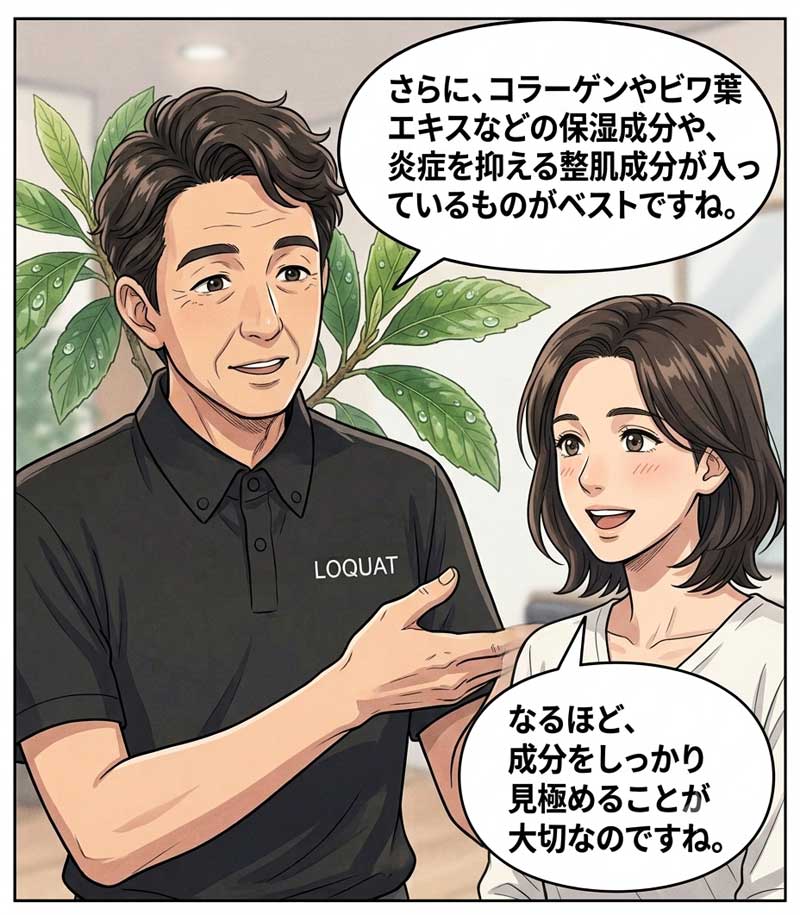 敏感肌の専門家が、コラーゲンやビワ葉エキスなどの保湿成分が入っていると良いとアドバイスしている場面６