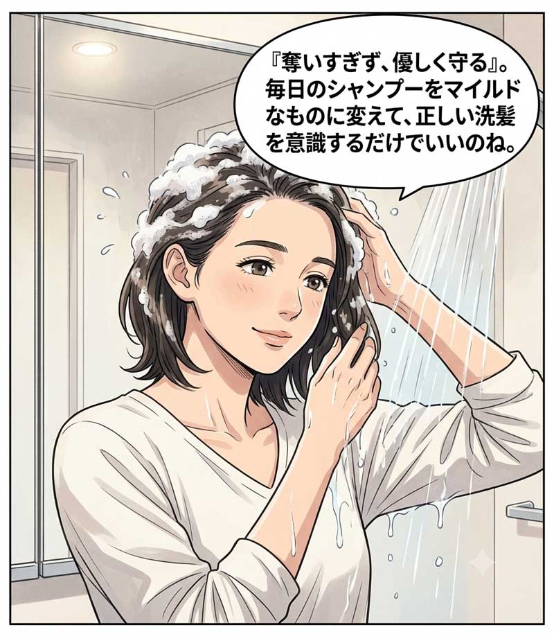 頭皮が痒くて悩む女性が、マイルドなシャンプーを使うことが大切であると納得した場面７