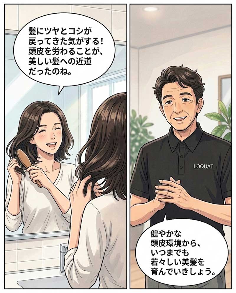 頭皮にかゆみがあった女性が、マイルドなシャンプーに替えて頭皮の調子が良くなったと喜ぶ場面８