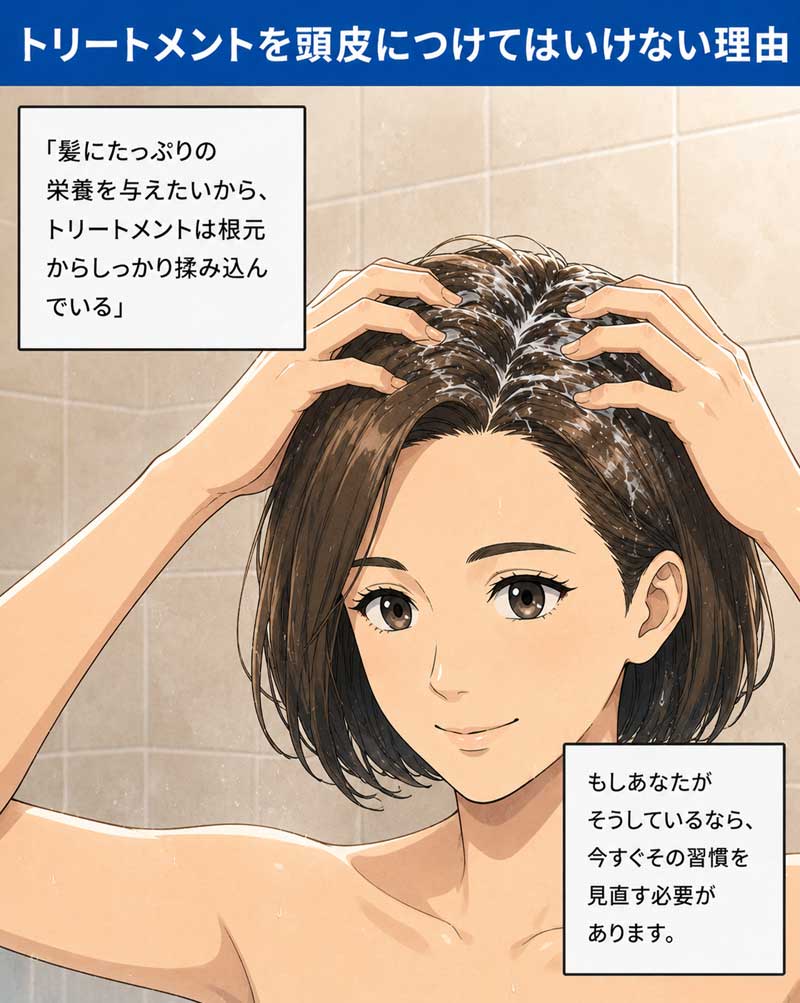 女性がお風呂場で頭皮にトリートメントを付けている場面１