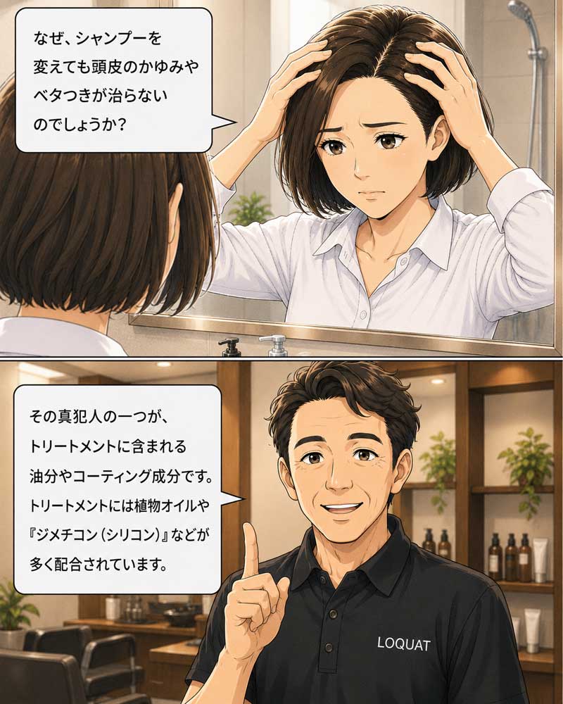 シャンプーを変えても頭のかゆみが治らず悩む女性の場面３