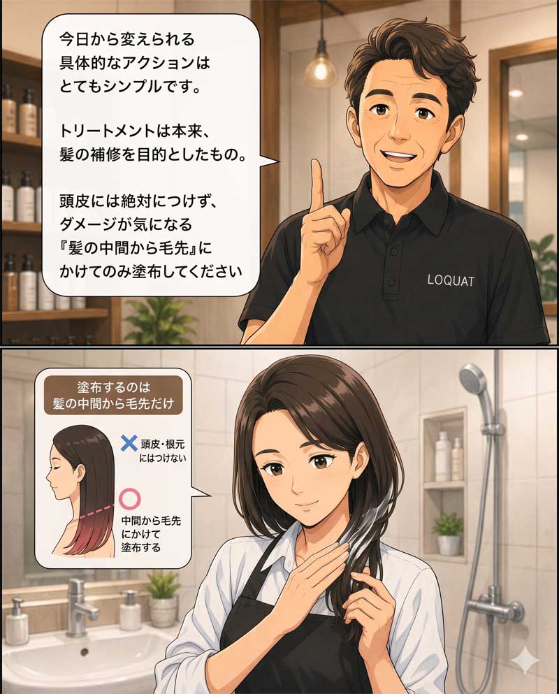 頭皮が痒くて悩む女性が、トリートメントについて学び納得する場面７