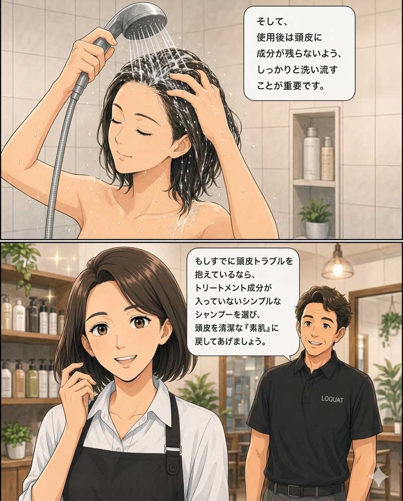 トリートメント成分が入っていないシャンプーを選ぶことが大切であると説明している場面８